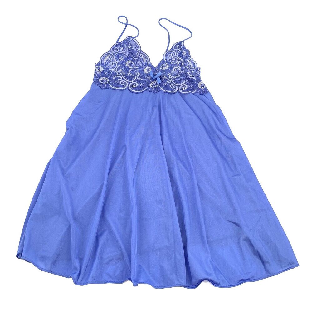 Vintage 1980s Petra Fashions Lace Satin Babydoll Lingerie Dress Size Medium Blue